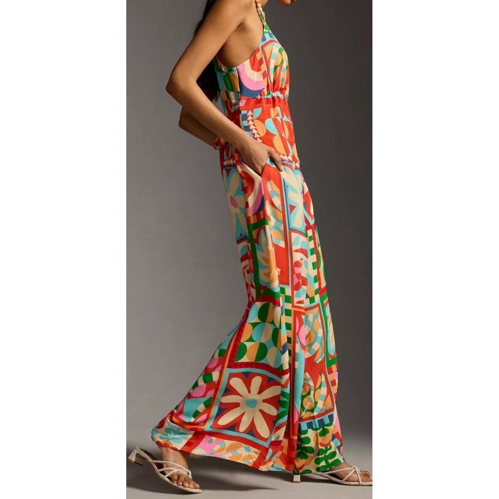 Farm Rio Anthropologie Cutout Halter Jumpsuit Med Brazilian Tropical Bold Print - Picture 4 of 14